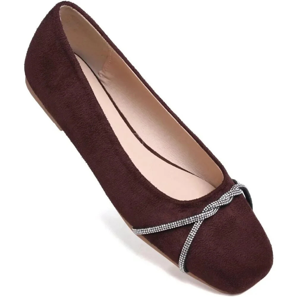 Women's Brown Suede Casual Fashion Chain Pointed Toe Ballet Flat Rhinestone